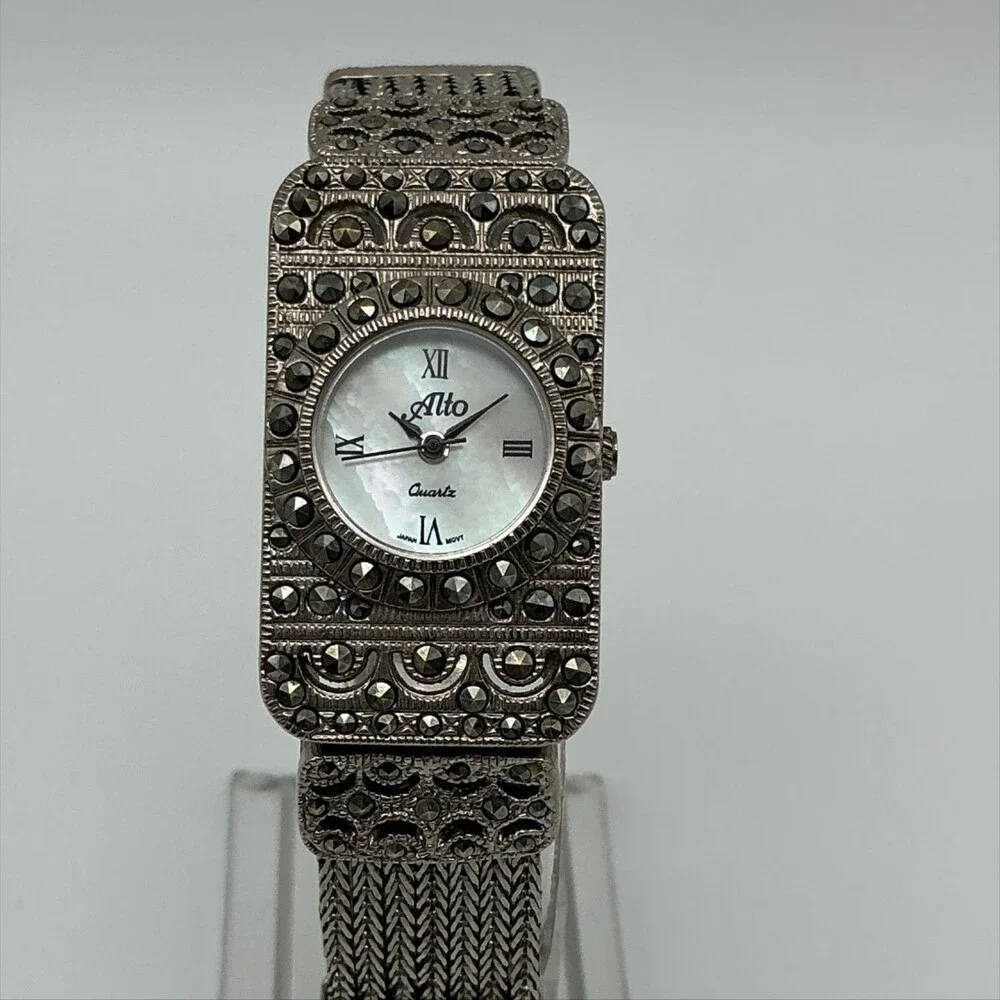Alto 3782 Womens Watch 20mm MOP Dial Silver Tone Marcasite New Battery 6.5